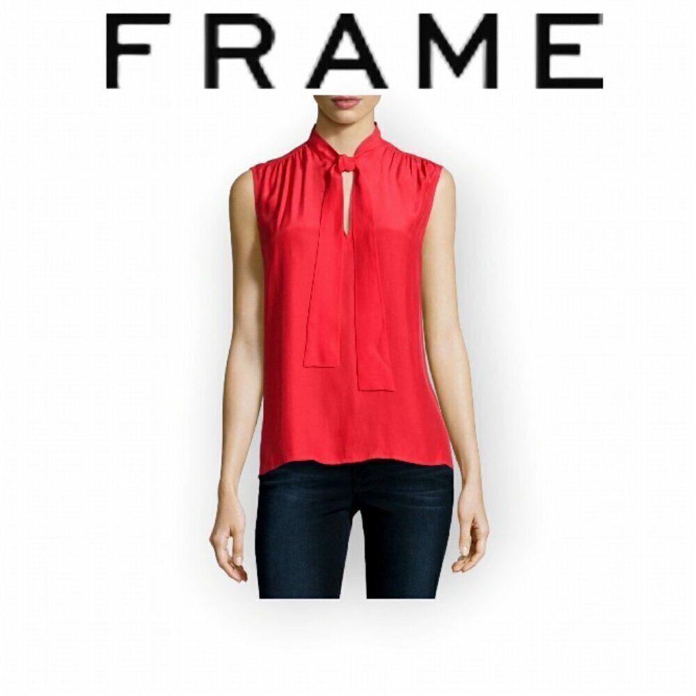 Frame Silk Tie-Neck Sleeveless Blouse Red Small Feminine Office Casual Top